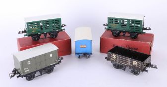 Hornby Gauge O, five assorted trucks including Two No1 milk traffic van 'Southern' 1948, Wagon No1