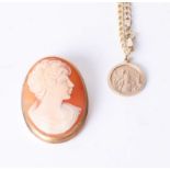 A 9ct St Christopher on chain 6.8g together with a cameo brooch set in gold frame, marked 18k