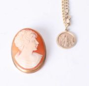 A 9ct St Christopher on chain 6.8g together with a cameo brooch set in gold frame, marked 18k