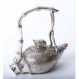 Chinese white metal teapot with character marks to base with faux bamboo handle, 20th century,