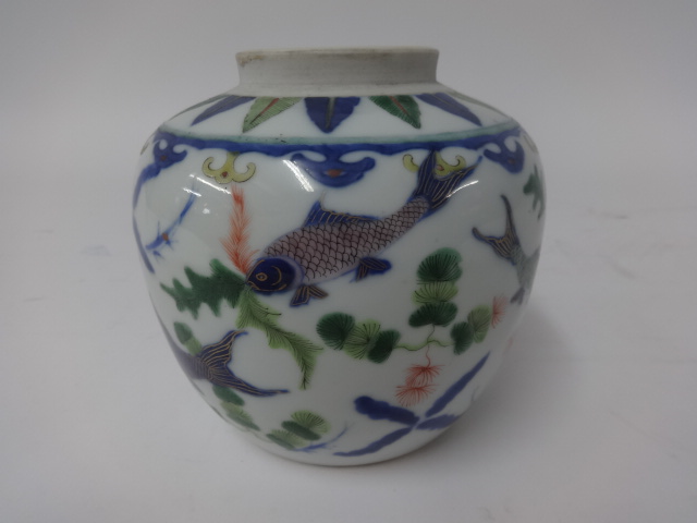 Chinese porcelain ginger jar decorated with fish, with flat lid cover, underglaze marks, height - Image 10 of 15