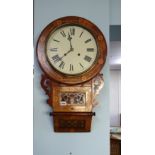A Victorian walnut and parquetry inlaid drop dial wall clock.