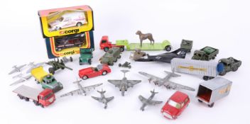 Box of twenty eight play worn Dinky, Corgi, Lesley and other toys including military and aircraft