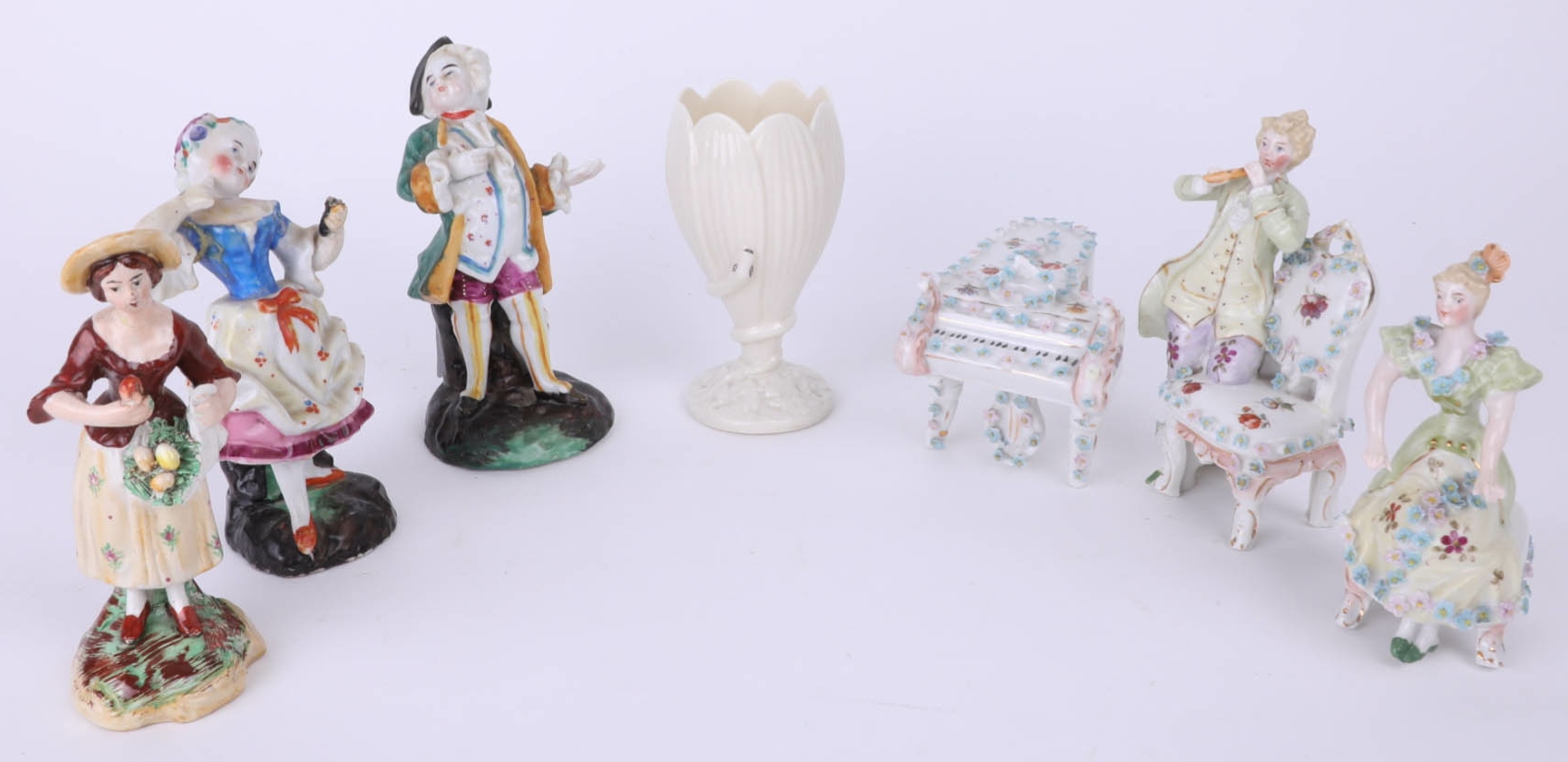 Belleek, small bud vase, black back stamp, three 19th Century porcelain figures and some modern