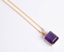 Single stone rectangular cut amethyst pendant, mounted in a plain 18ct yellow gold claw setting