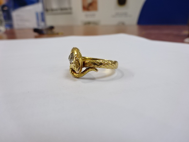 An antique diamond set snake ring, unmarked, size L. - Image 4 of 5