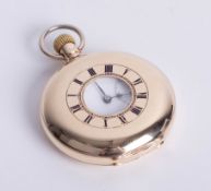 J.W. Benson, a 9ct yellow gold half hunter pocket watch, white enamel dial, Roman numerals with
