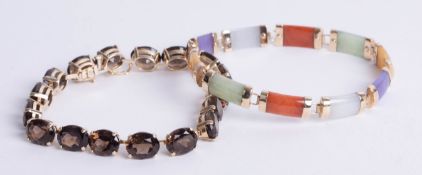 A modern Mexican bracelet, set with 17 stones, marked 10k, also a 9k multi coloured stone