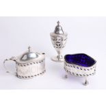 A Geo V silver three piece condiment set, maker London, 'RC', approx 13.70 oz.