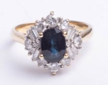 An 18ct gold sapphire and diamond cluster ring, mixed cut diamonds, size N.