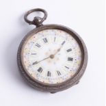 A 19th/ealry 20th century silver cased fob watch, with pretty enamel, gilt and decorative dial.