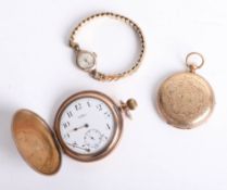 An 18ct gold pocket watch case 18.90g, a Hamilton wristwatch and a Waltham gold plated pocket