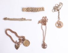A gold half sovereign bracelet and 4 other various gold bracelets, approx 60.7g.