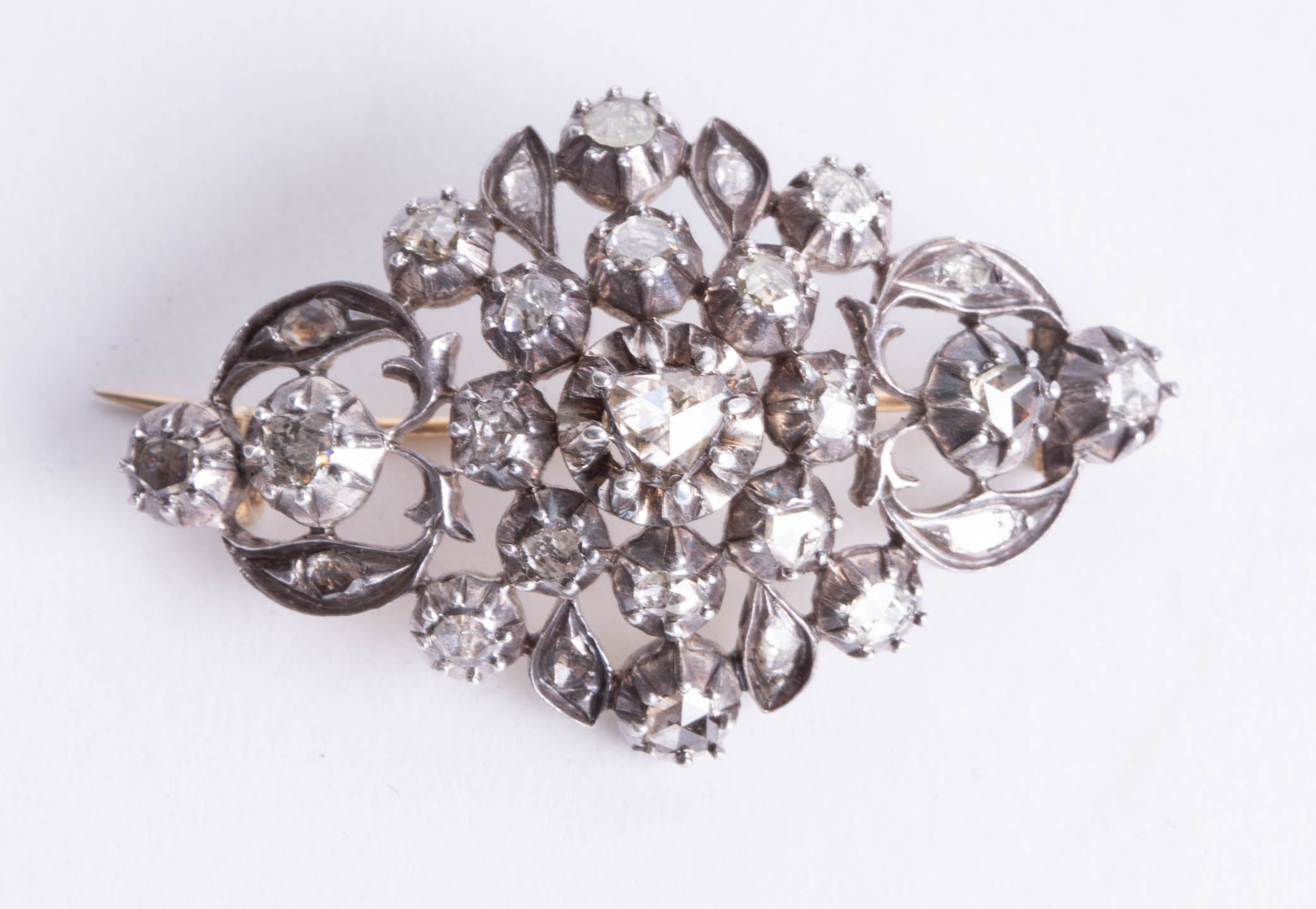 A Victorian diamond brooch, length 50mm, boxed.