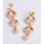 Pair of 18ct yellow gold freshwater Pearl drop earrings, each comprising 3 sections