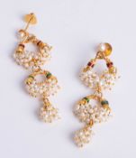 Pair of 18ct yellow gold freshwater Pearl drop earrings, each comprising 3 sections