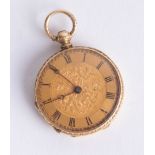 An 18ct gold miniature pocket watch, roman numerals, diameter 25mm.