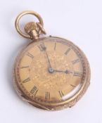 A Victorian 18ct gold open face fob watch, keyless movement.