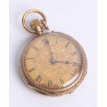 A Victorian 18ct gold open face fob watch, keyless movement.