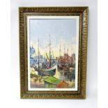 Levente Kovacs (b1922), signed oil on canvas 'Boats in a harbour', framed, 76cm x 50cm.