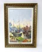 Levente Kovacs (b1922), signed oil on canvas 'Boats in a harbour', framed, 76cm x 50cm.