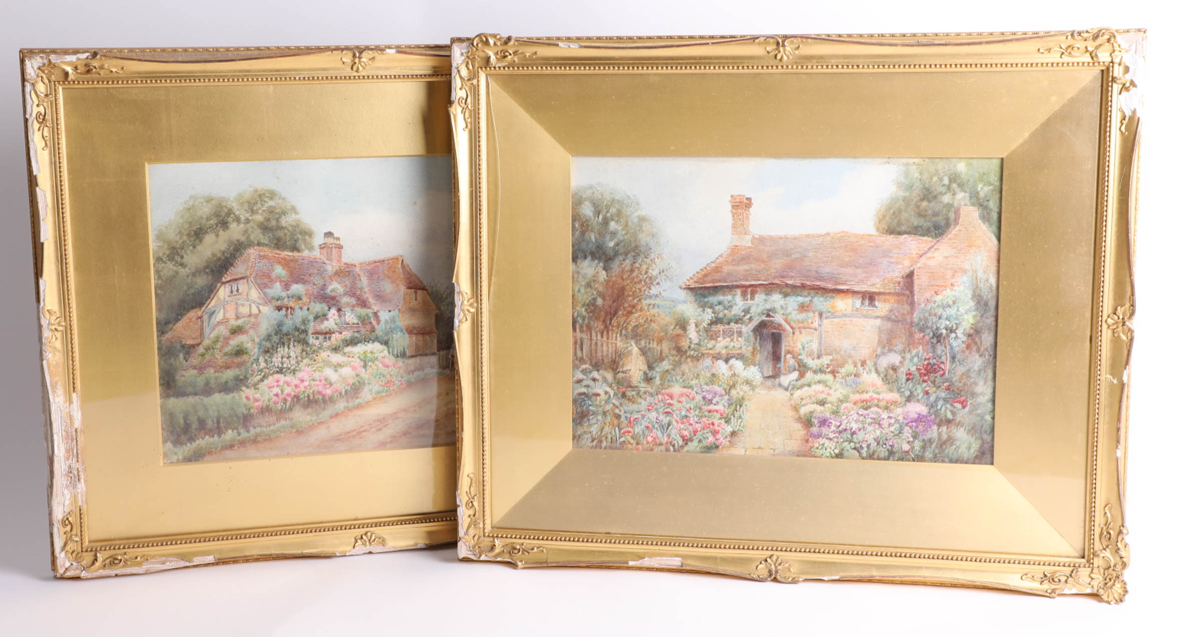 Pair late 19th/early 20th century signed watercolours, 'Country Cottages', one indistinctly