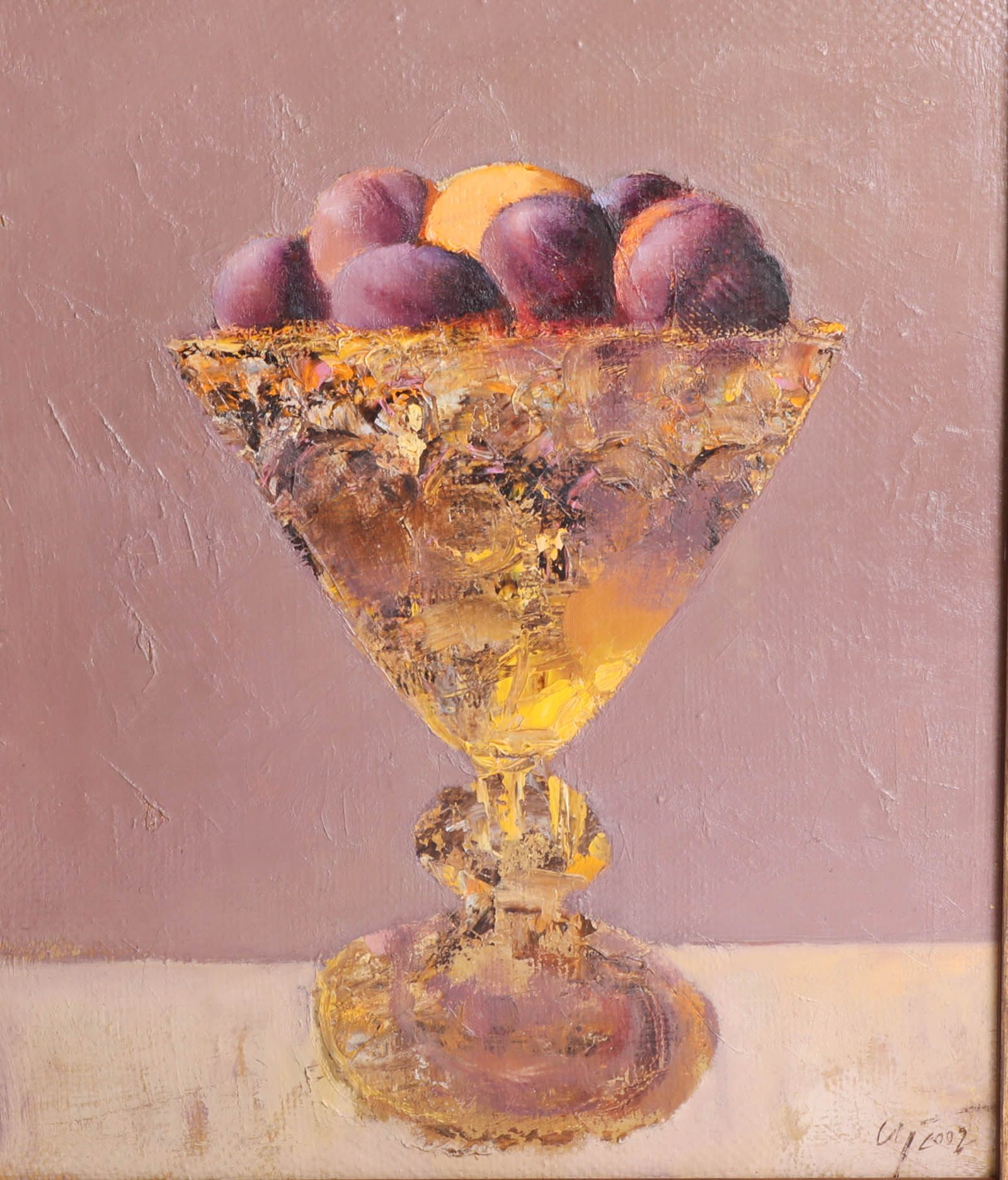 Andrew Aranyshev 'Vase With the Plums' oil on canvas, signed, gilt frame, 34cm x 29cm. - Image 2 of 2