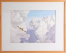Wilf Plowman, 'Lone Spitfire in Cloud' watercolour, framed and glazed, 34cm x 46cm.