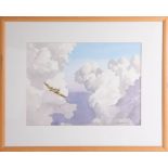 Wilf Plowman, 'Lone Spitfire in Cloud' watercolour, framed and glazed, 34cm x 46cm.