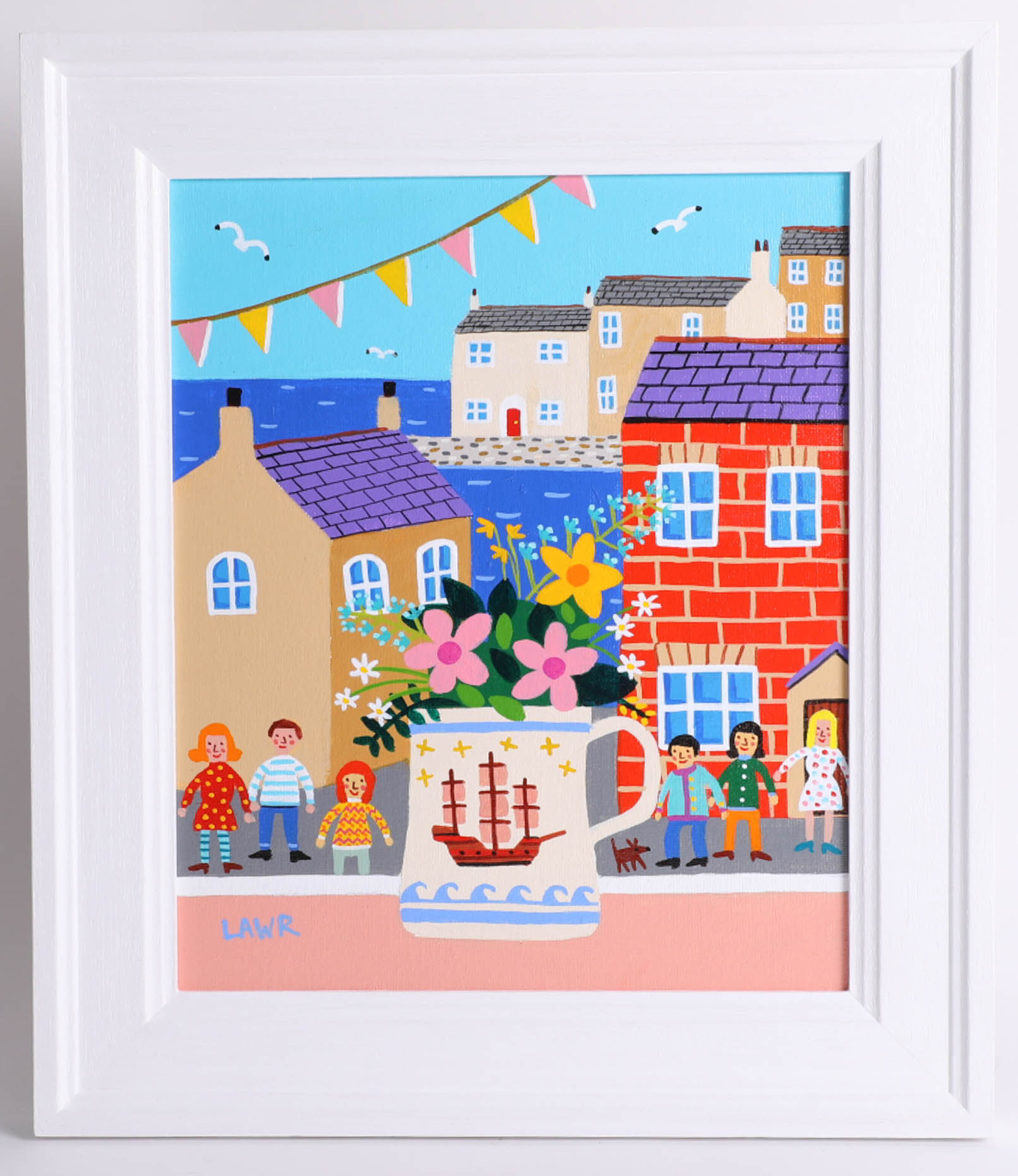 Arth Lawr, acrylic on canvas 'Flowers in the Window - Cornish Harbour' (2019), framed, 29cm x