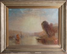 Oil on canvas in the manner of Turner, label to verso, 'Shipping at Cowes' after Turner (Tate