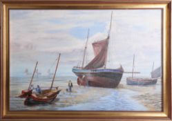 John de Barr, 'On the Hard' boat scene, watercolour, framed, 39cm x 59cm.