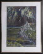 David Holt, a pastel and wash 'Village on a Hill', framed and glazed, 49cm x 34cm.