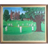 Larry Smart (1945-2005) 'Cricket Scene', signed, oil on canvas, dated 1986, framed, 60cm x 75cm, (