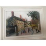 Fred YATES (1922-2008) 'Figures in a Village Street' oil, signed, 25cm x 25cm, pencil inscription