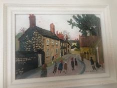 Fred YATES (1922-2008) 'Figures in a Village Street' oil, signed, 25cm x 25cm, pencil inscription