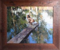 Alexey Zaitsev, Russian, oil on canvas 'Girl on a diving board', 2004, signed on front and rear,