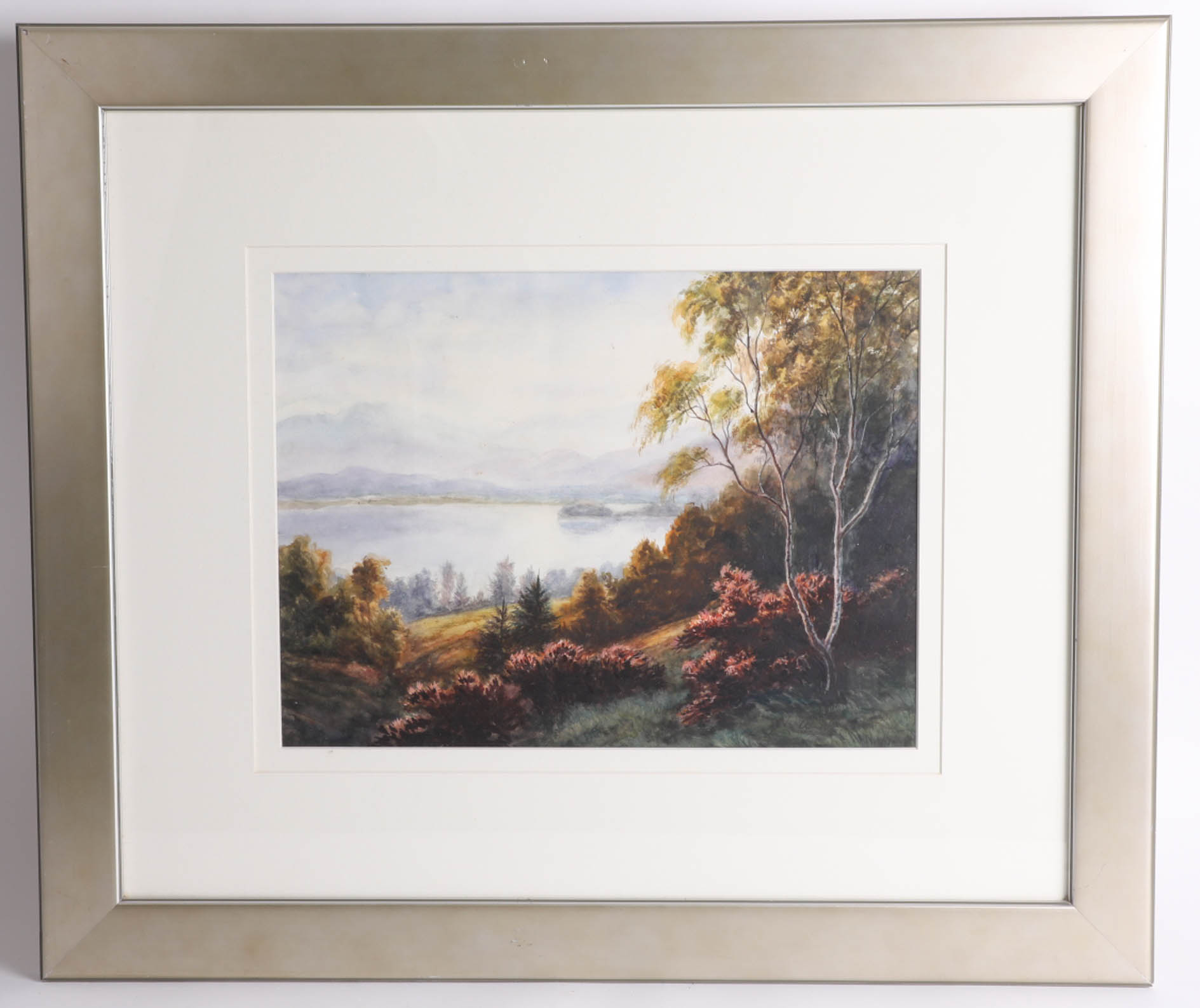 N.Williams, watercolour of a lake scene, signed, framed and glazed, 59cm x 68cm.