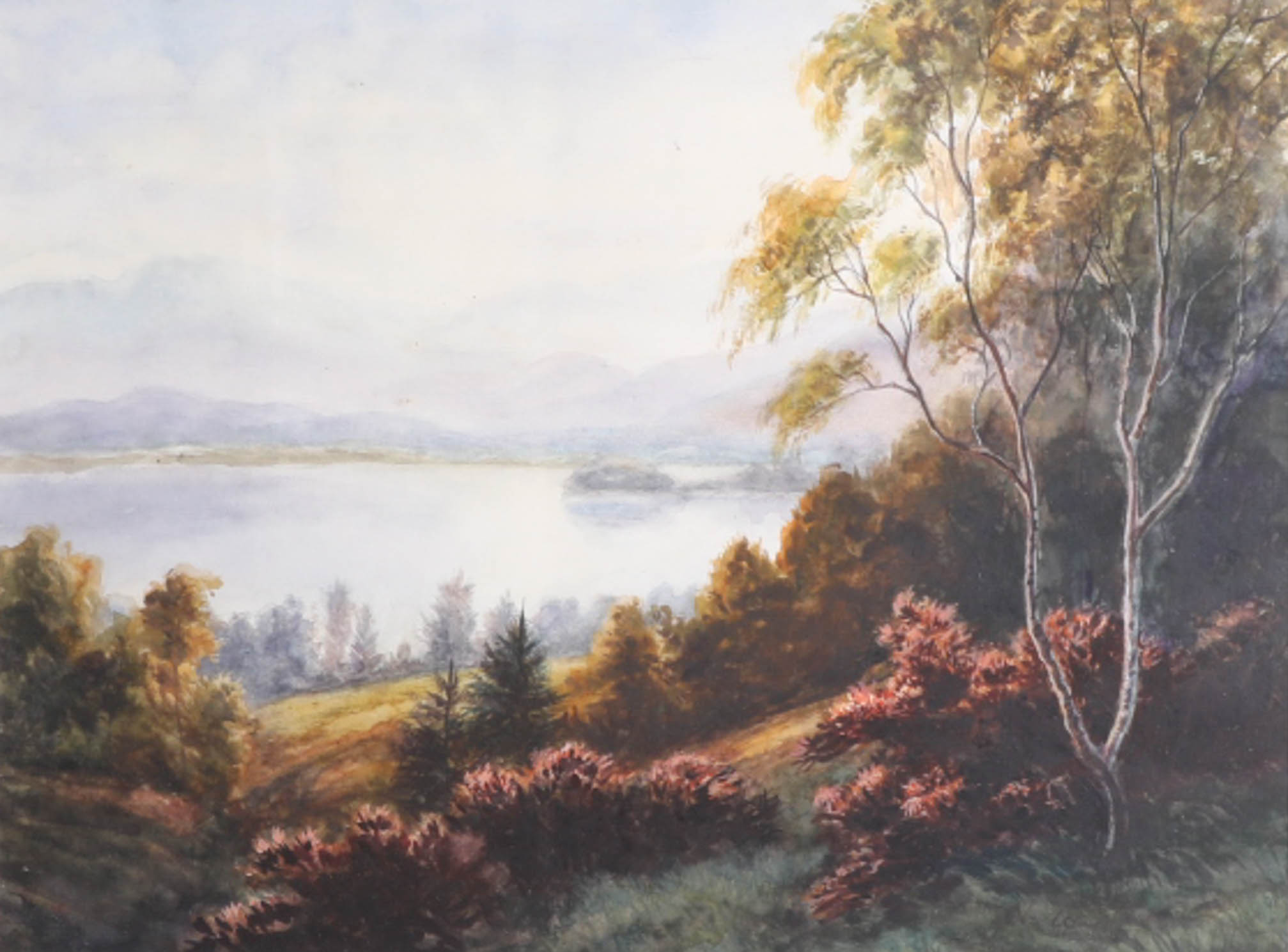 N.Williams, watercolour of a lake scene, signed, framed and glazed, 59cm x 68cm. - Image 2 of 2