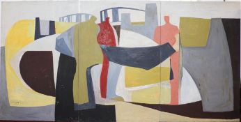 Derek Holland (1927-2014) mural, oil on board, 1962 'Tamar Bridge' in three sections, each panel 183