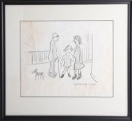 A charcoal drawing in the manner of 'Lowry', framed and glazed, 28.5cm x 37cm.