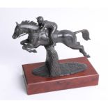 Timothy Simmons 1993 bronze effect sculpture of jockey on wood plinth total height 28cm.