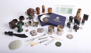 Interesting collection of objects including wood ware, EP salts, Malachite type paperweight,