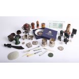 Interesting collection of objects including wood ware, EP salts, Malachite type paperweight,