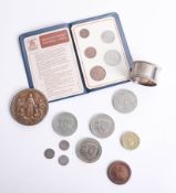 Collection of various commemorative coins, silver threepenny piece, silver 3D coin, napkin ring,