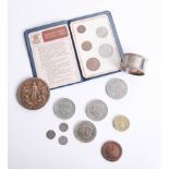 Collection of various commemorative coins, silver threepenny piece, silver 3D coin, napkin ring,