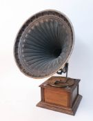 An oak horned gramophone.