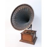 An oak horned gramophone.