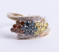 A coloured diamond cluster ring, size N.