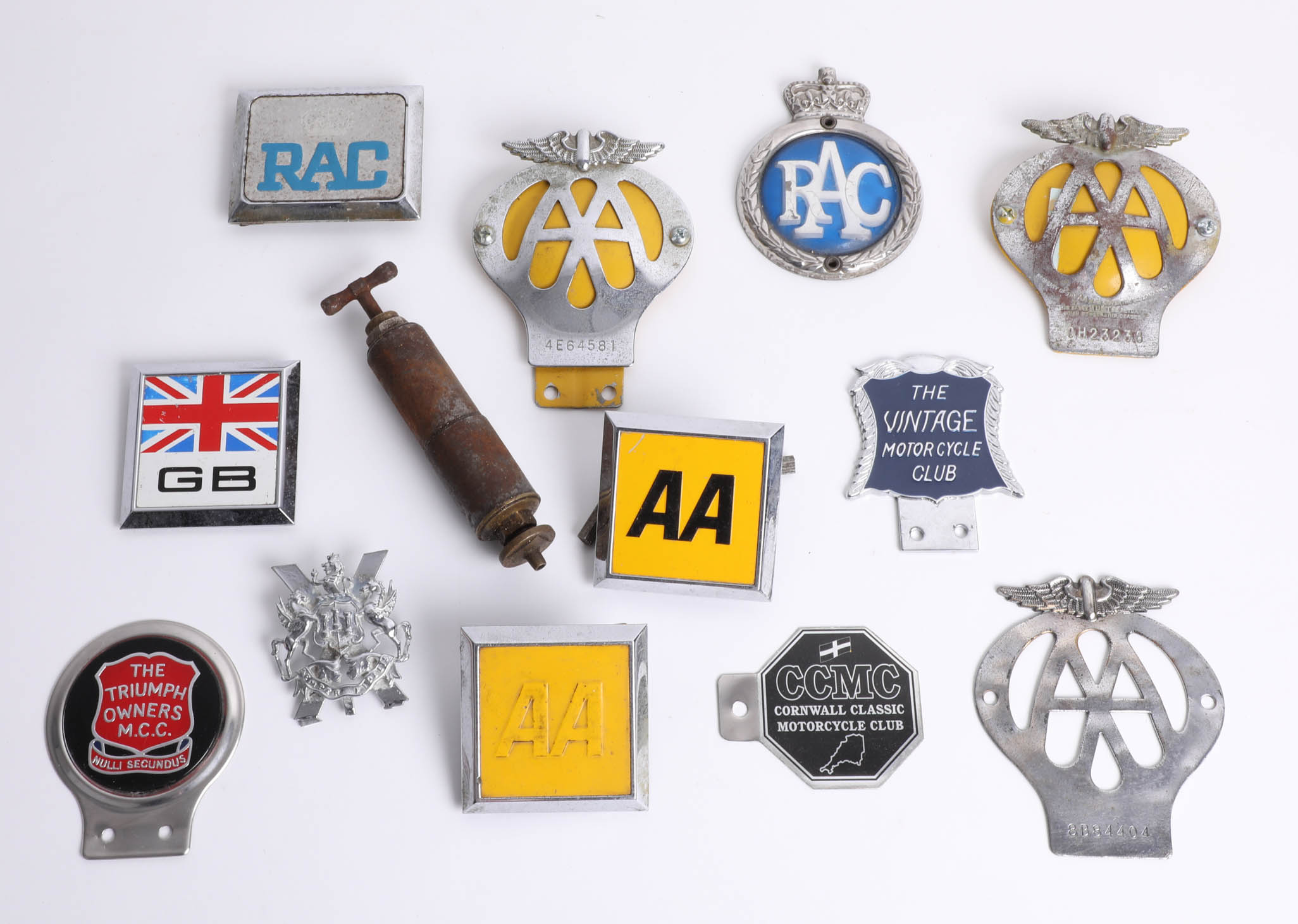 Twenty car badges including AA badges, RAC badges etc.